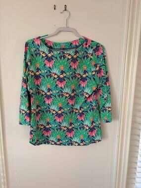 J. McLaughlin Butterfly & Palm Print Top | XL | Navy & Green 🦋